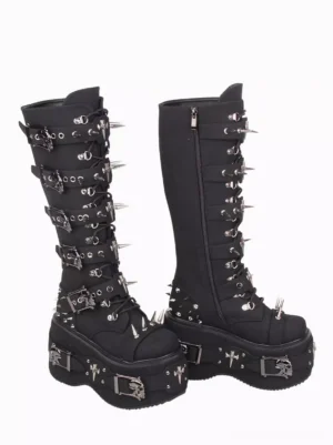 Gothic lolita knee-high corduroy boots side profile showcasing side zipper closure, wedge platform sole, and ornate metal grommet decorations