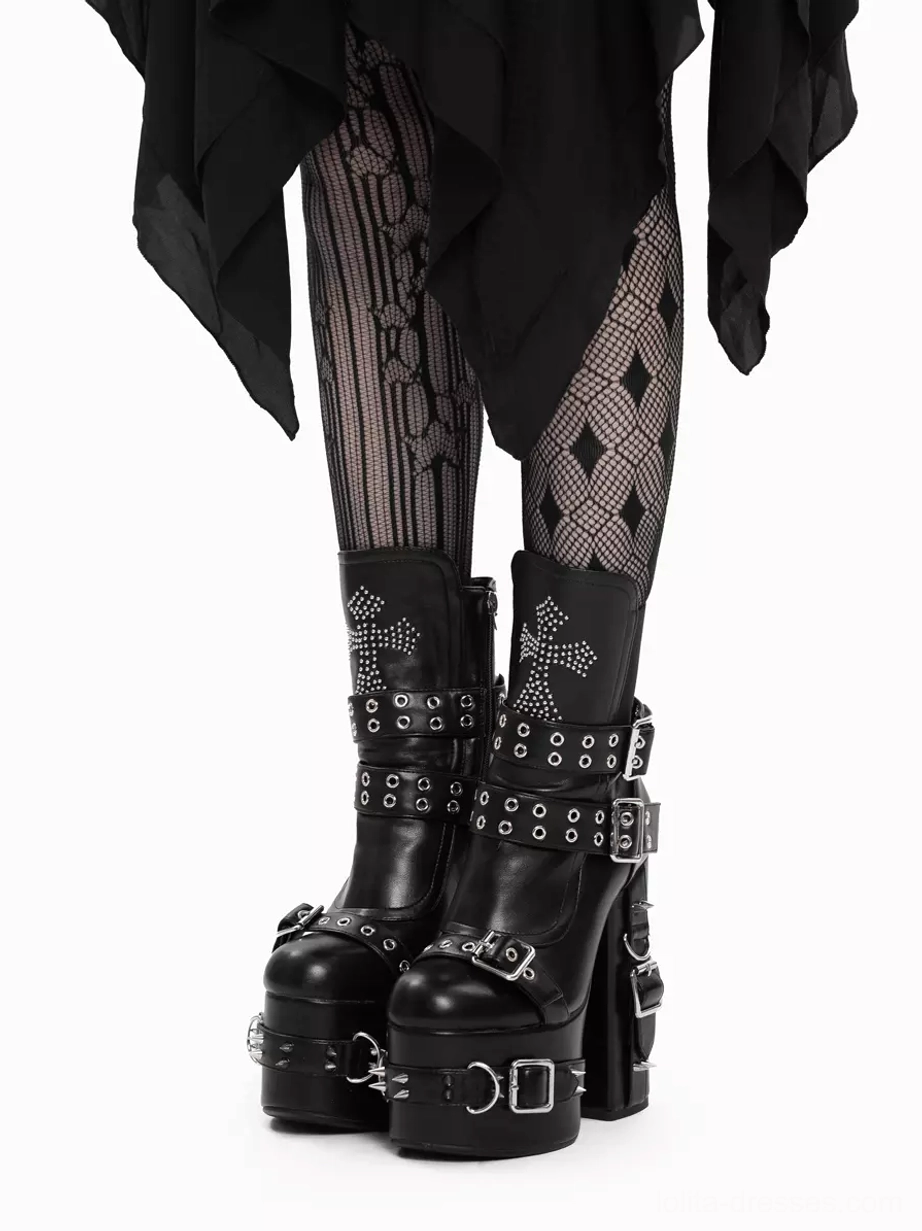 Front view of gothic lolita platform boots on model's feet, showing cross embroidery ankle detail and silver buckles with mixed pattern tights