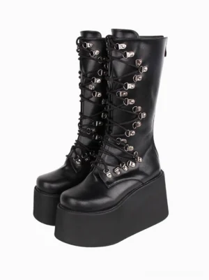 Mid-calf gothic lolita boots slightly tilted front paired view showcasing smooth pu leather finish and super high wedge platform design