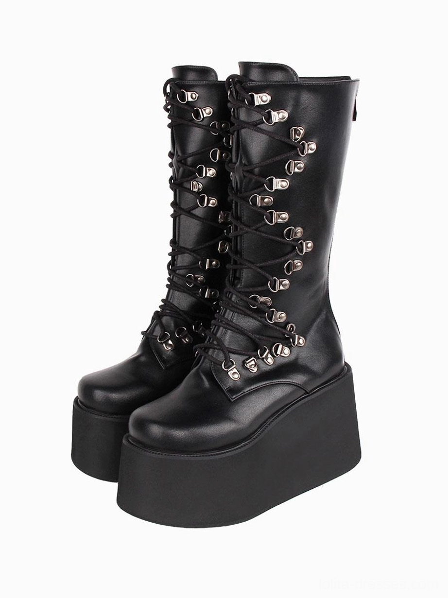 Mid-calf gothic lolita boots slightly tilted front paired view showcasing smooth pu leather finish and super high wedge platform design