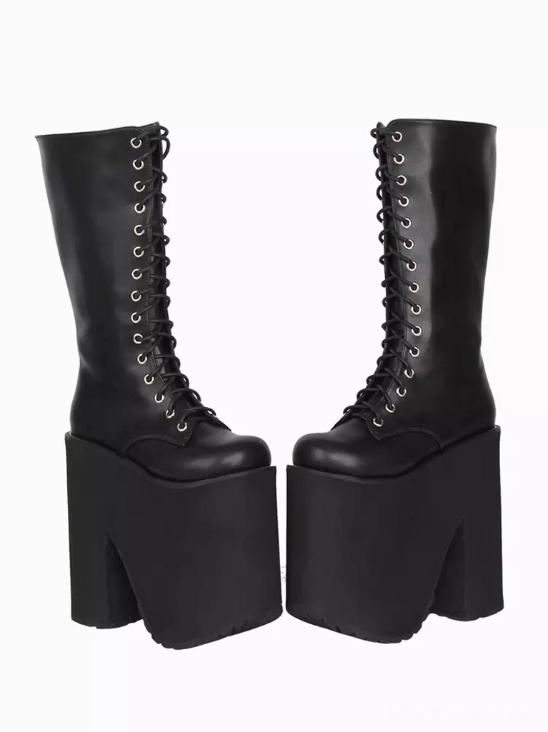Black gothic lolita platform boots front three-quarter symmetrical view thick block heel matte PU leather