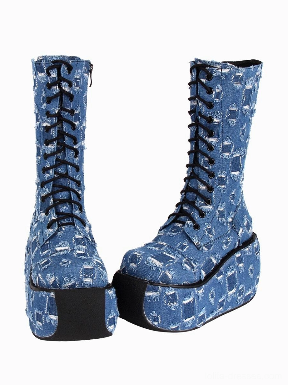 front view of distressed checkered denim platform boots with side zipper and black rubber sole edging gothic lolita style