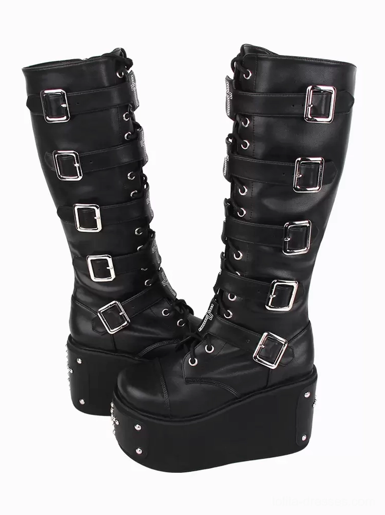 Pair of black gothic lolita platform boots front slightly oblique view multiple silver buckles thick studded platform lace-up round toe