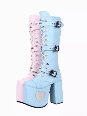 Gothic Lolita platform knee-high boots with heart-shaped heel ornament and lace-up closure featuring dual color options in pink and baby blue with decorative metal buckles and round toe on white background