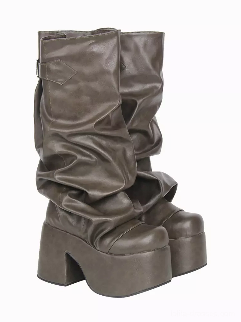 Gothic Lolita platform boots in hunter green back three-quarter view showing rear shaft ruching, exposed chunky block heel, mid-calf height, slouchy silhouette, decorative collar buckle, platform base on white background