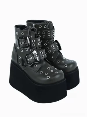Hunter green gothic lolita ankle boots featuring decorative buckle straps and lace-up closure, rear three-quarter view showing round toe silhouette