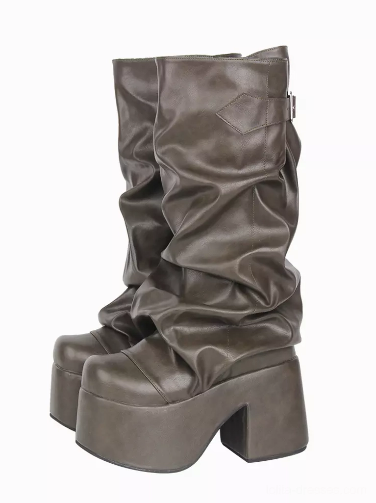 Gothic Lolita platform boots in hunter green PU leather, front three-quarter view showcasing round toe, ruched shaft detail, chunky platform heel, mid-calf height, and decorative collar buckle on white studio background
