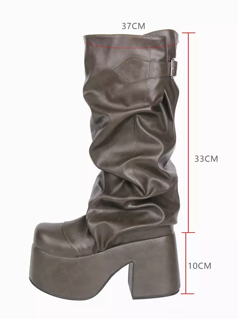 Single Gothic Lolita platform boot in hunter green left three-quarter side view with measurement markers showing heel height 10cm, shaft height 33cm, top opening 37cm circumference, chunky platform sole, mid-calf slouchy silhouette