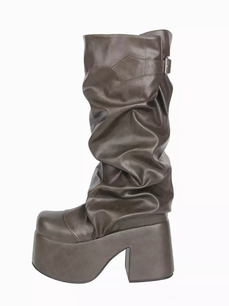 Single Gothic Lolita slouchy platform boot in hunter green, left three-quarter side view highlighting decorative collar buckle detail, matte PU leather texture, chunky block heel, platform sole, mid-calf height, round toe design