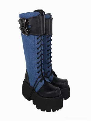 Gothic lolita knee high platform boots rear three-quarter view lace-up sides black platform outsole metal ankle strap buckles