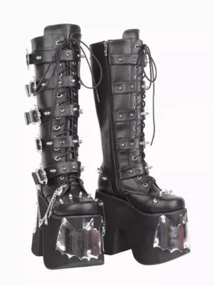 Gothic Lolita platform boots front three-quarter view displaying lace-up closure side zipper multiple silver studs and heart chain decorations
