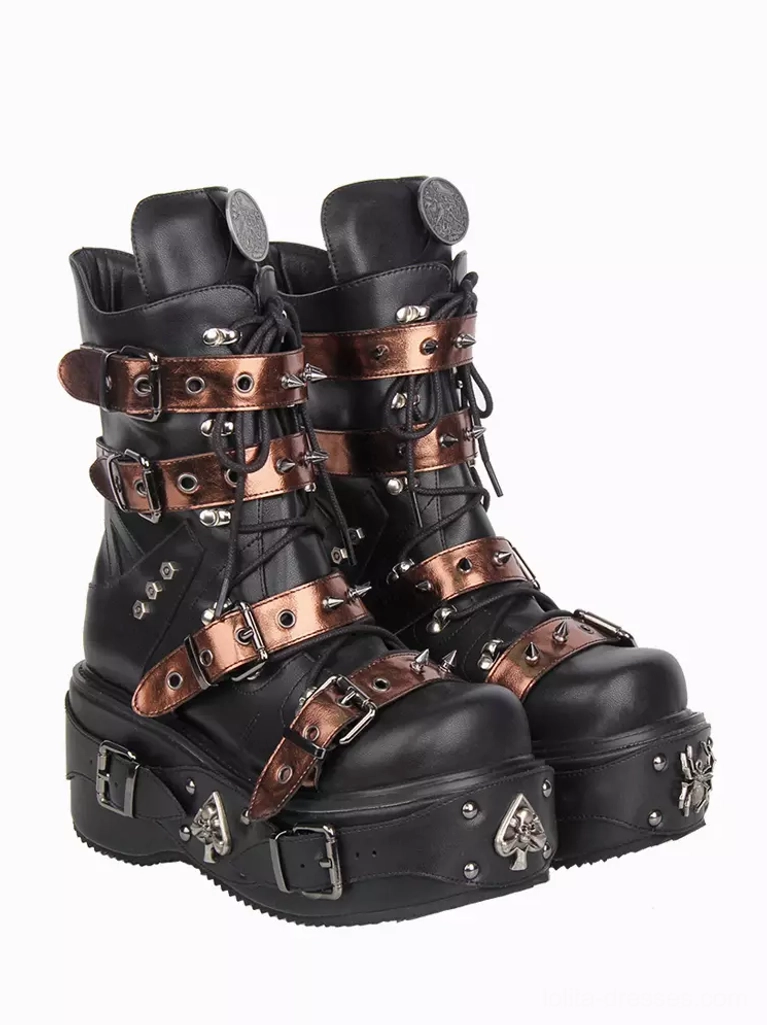 Gothic lolita platform combat boots high front angle detail showing multiple layered bronze straps metal rivet embellishments and heavy platform sole construction