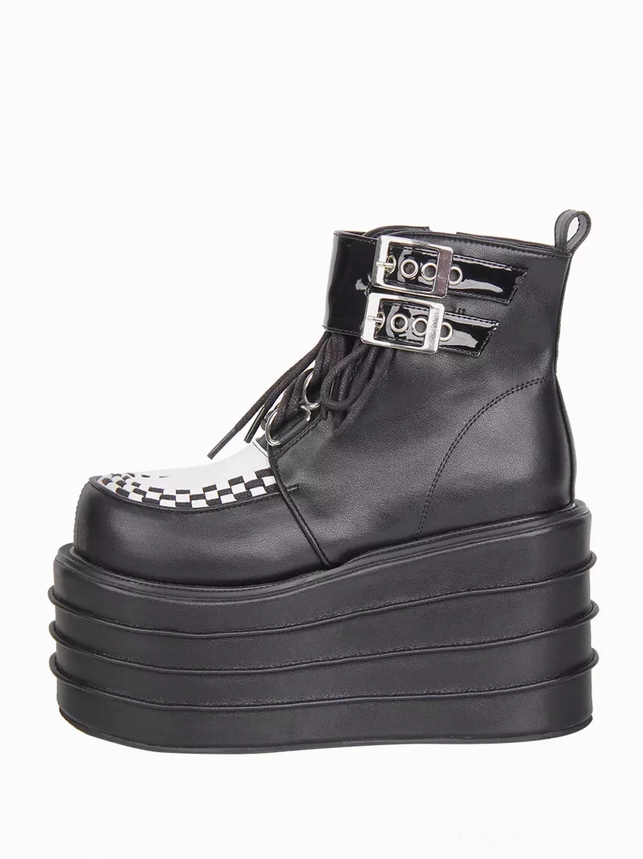 Left side profile view of single gothic lolita platform boot showcasing checkerboard toe panel pattern and multi-layered thick platform sole height
