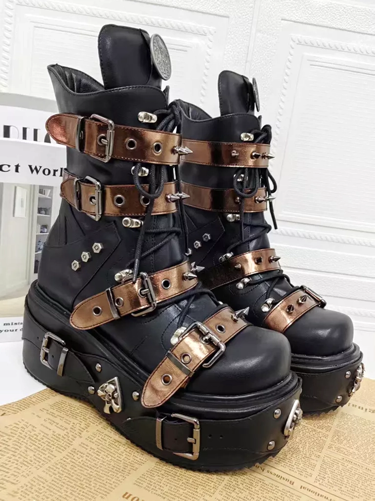 Gothic lolita platform combat boots pair front view with measurement dimensions showing 9cm heel height and 20cm shaft height spiked bronze straps and metal hardware