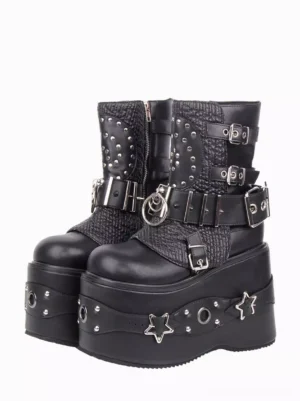 Gothic Lolita platform ankle boots front view with black PU leather, metal rivets, star-shaped sole decorations, and round toe design on white background
