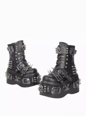 Gothic lolita boots side oblique view showing metal stud spikes skull buckles thick platform wedge sole