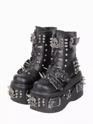 Gothic lolita platform boots front view black PU leather metal studs skull buckles round toe wedge sole