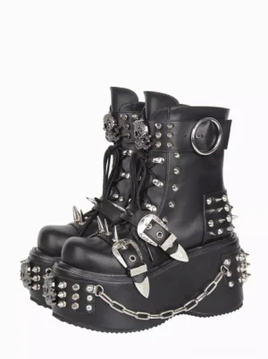 Gothic Lolita platform combat boots front three-quarter view featuring black PU leather with silver metal studs and spikes, round toe design, thick wedge platform sole, and decorative chain details