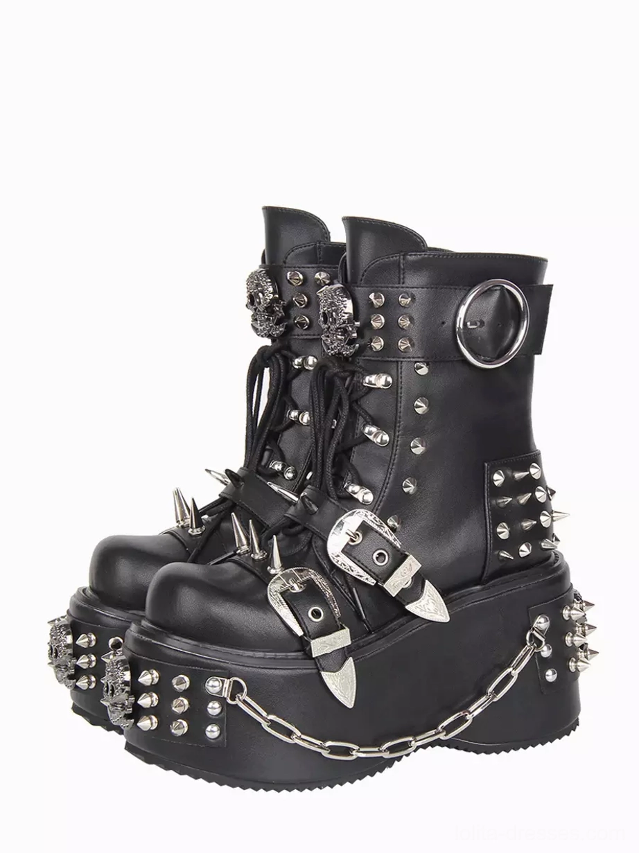 Gothic Lolita platform combat boots front three-quarter view featuring black PU leather with silver metal studs and spikes, round toe design, thick wedge platform sole, and decorative chain details