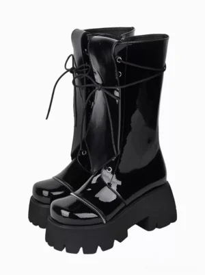 Gothic Lolita platform boots left side view glossy patent black leather calf lace-up serrated sole