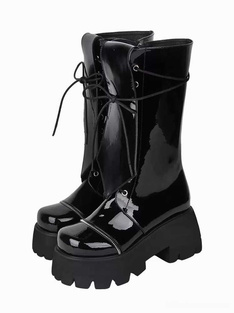 Gothic Lolita platform boots left side view glossy patent black leather calf lace-up serrated sole