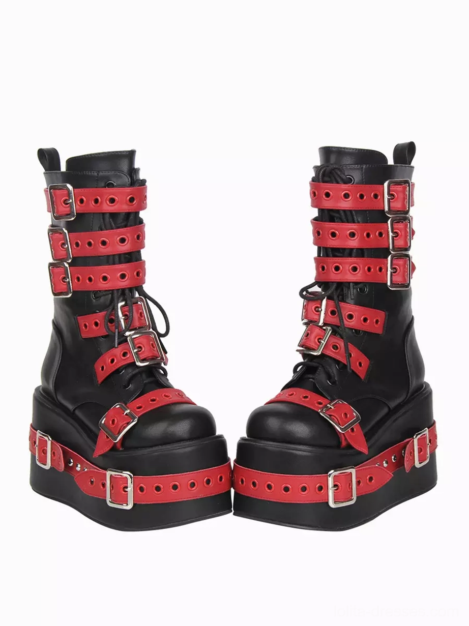 Gothic Lolita boots front flat mirrored display two separated boots identical buckle strap design black PU leather red decorative elements