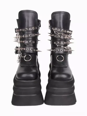 Gothic Lolita platform boots pair front view black polyurethane silver metal hardware grommet rings layered thick platform sole round toe