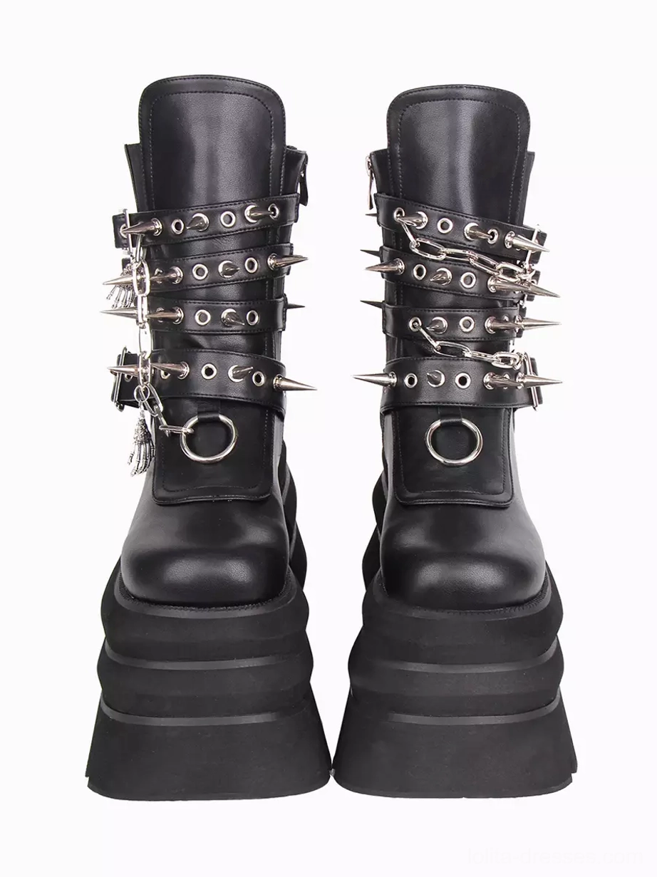 Gothic Lolita platform boots pair front view black polyurethane silver metal hardware grommet rings layered thick platform sole round toe