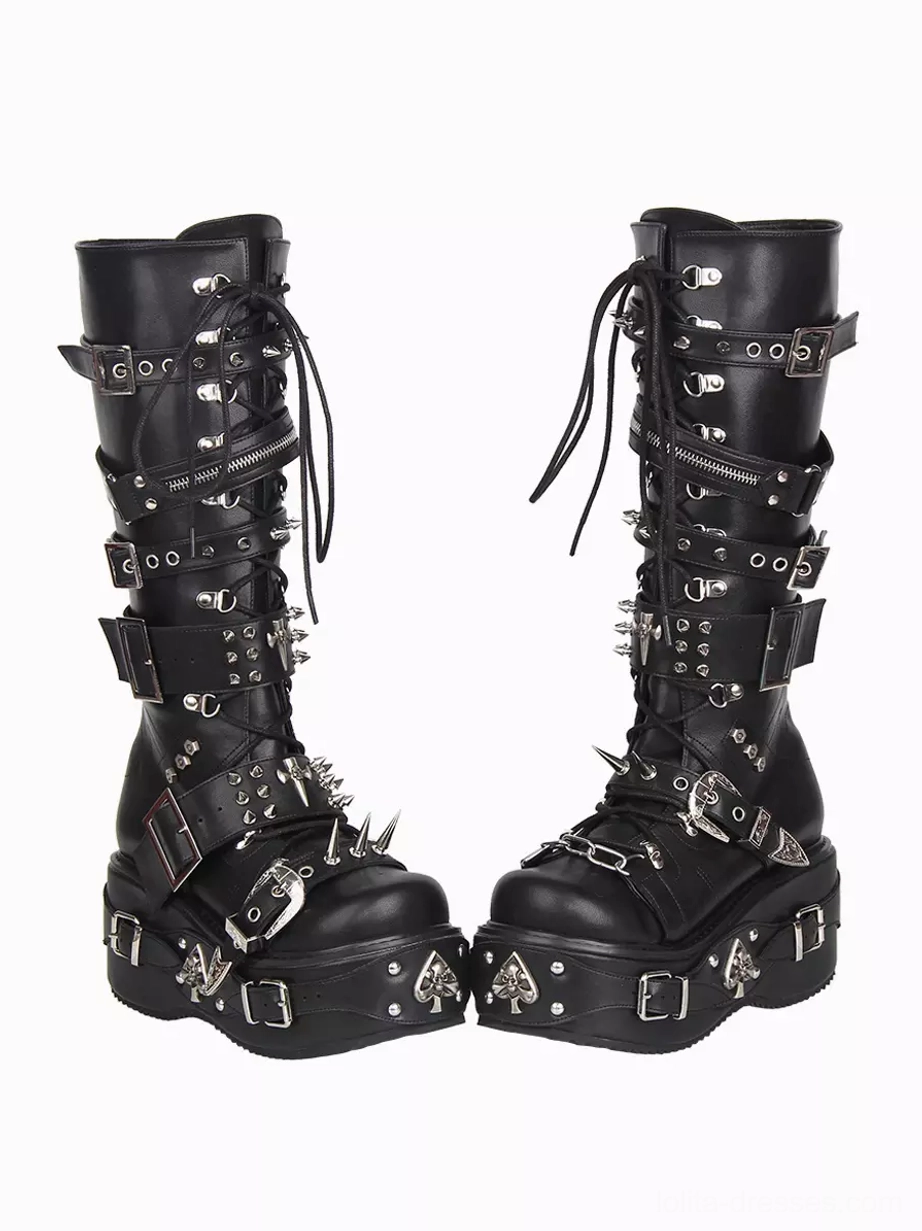 Pair of Gothic Lolita platform boots front view black leather metal rivets buckles zippers chunky platform sole