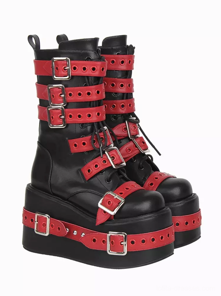 Gothic Lolita boots pair side three-quarter view rear perspective black-red color scheme matching decorations thick black platform sole