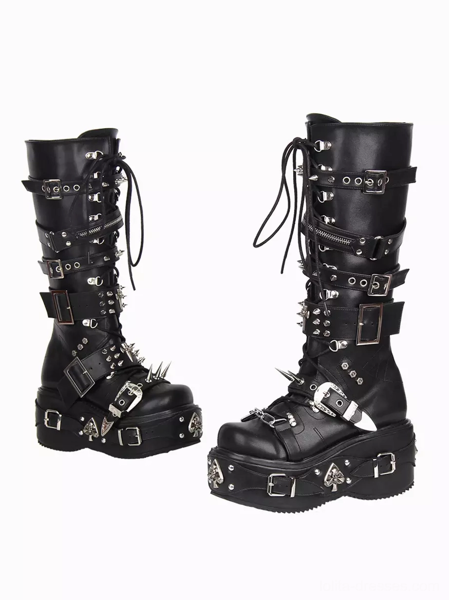Pair of Gothic Lolita platform boots side by side view metal buckles laces spikes thick wedge soles