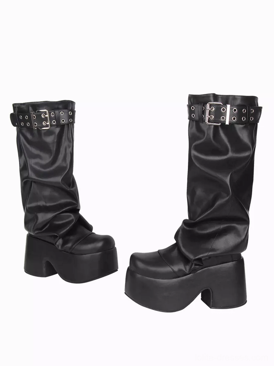 Gothic Lolita platform boots pair low front three-quarter angle showing both boots black PU slouchy shaft single buckle strap chunky heel