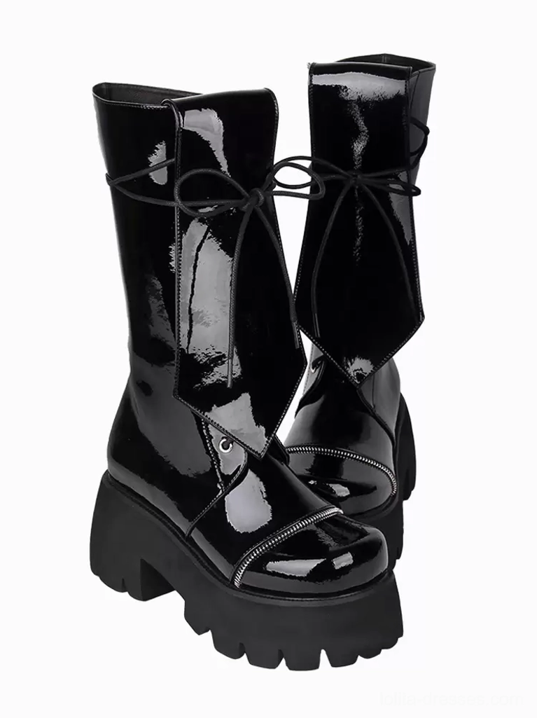 Gothic Lolita platform boots rear three-quarter view serrated thick sole rear lace-up straps