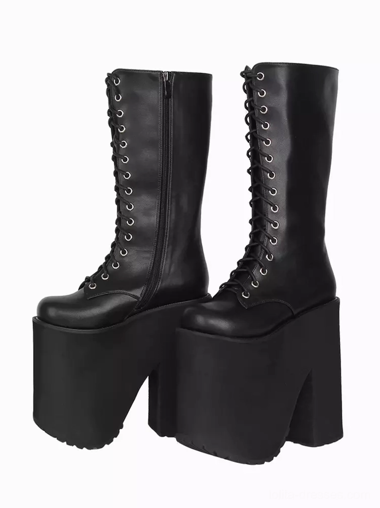 Gothic Lolita platform boots rear three-quarter view side zipper closure lugged platform outsole lace-up