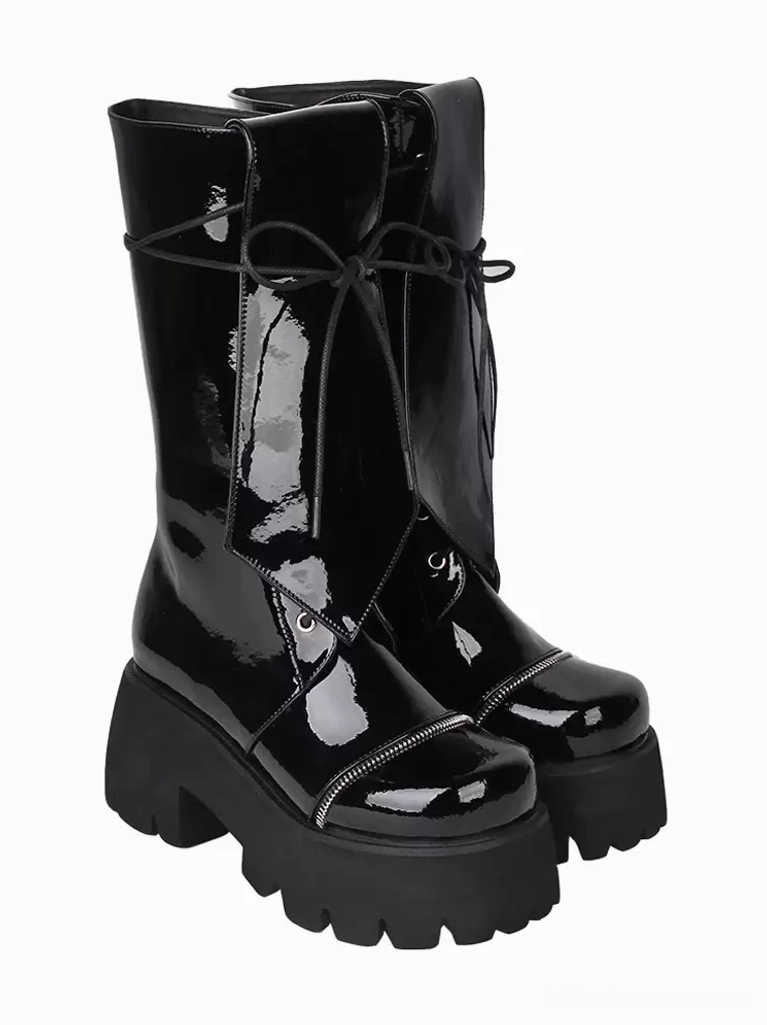 Gothic Lolita platform boots right side view round toe design front decorative stitching calf strap
