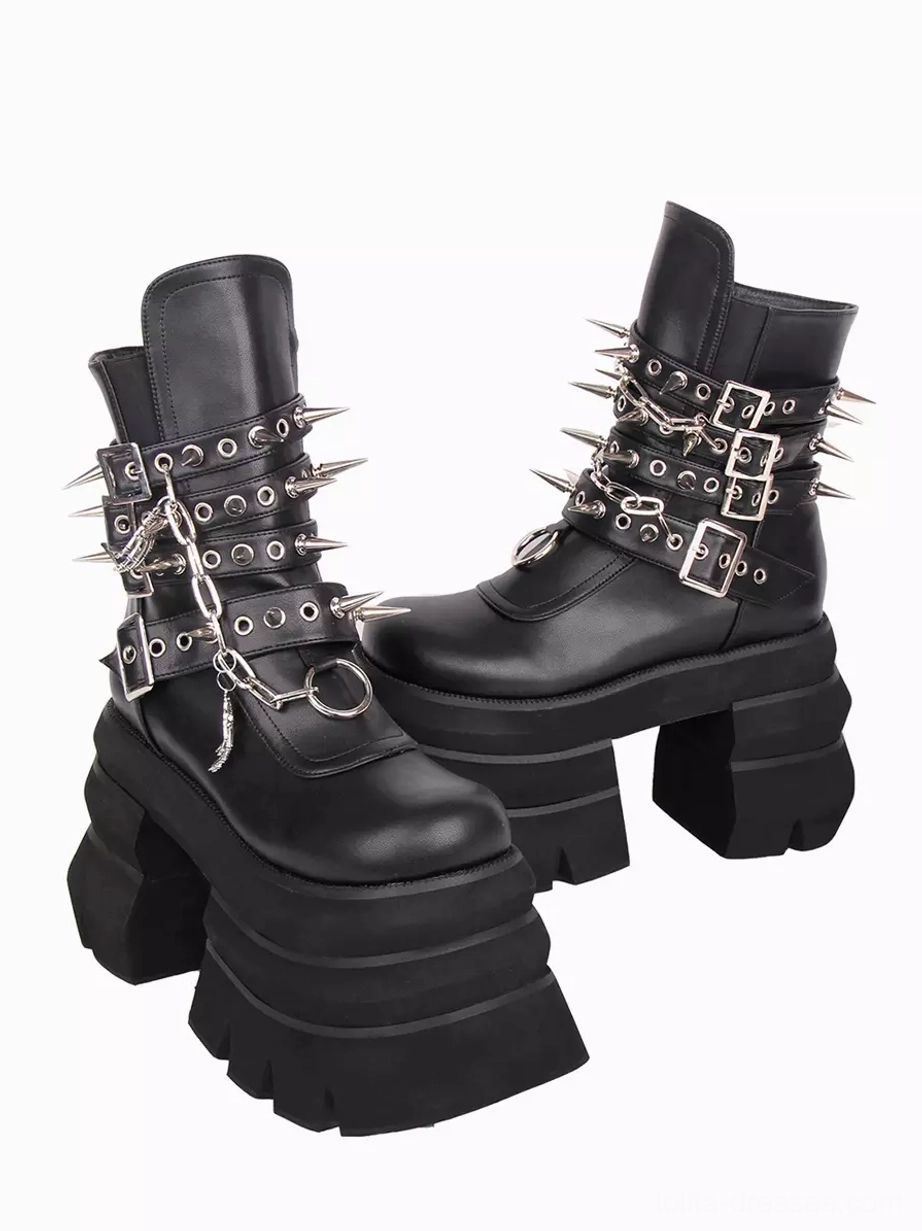 Gothic Lolita platform boots right three-quarter view spike studded buckle straps hanging metal chains round toe design black leather
