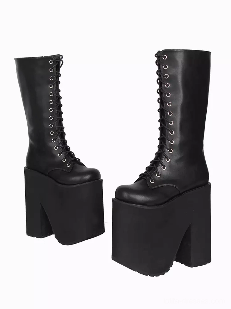 Gothic lolita platform boots side offset pair view round toe waterproof PU surface smooth leather