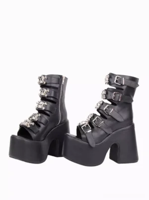 Black Gothic Lolita platform boots side paired view showing adjustable straps side zipper and thick platform heel design