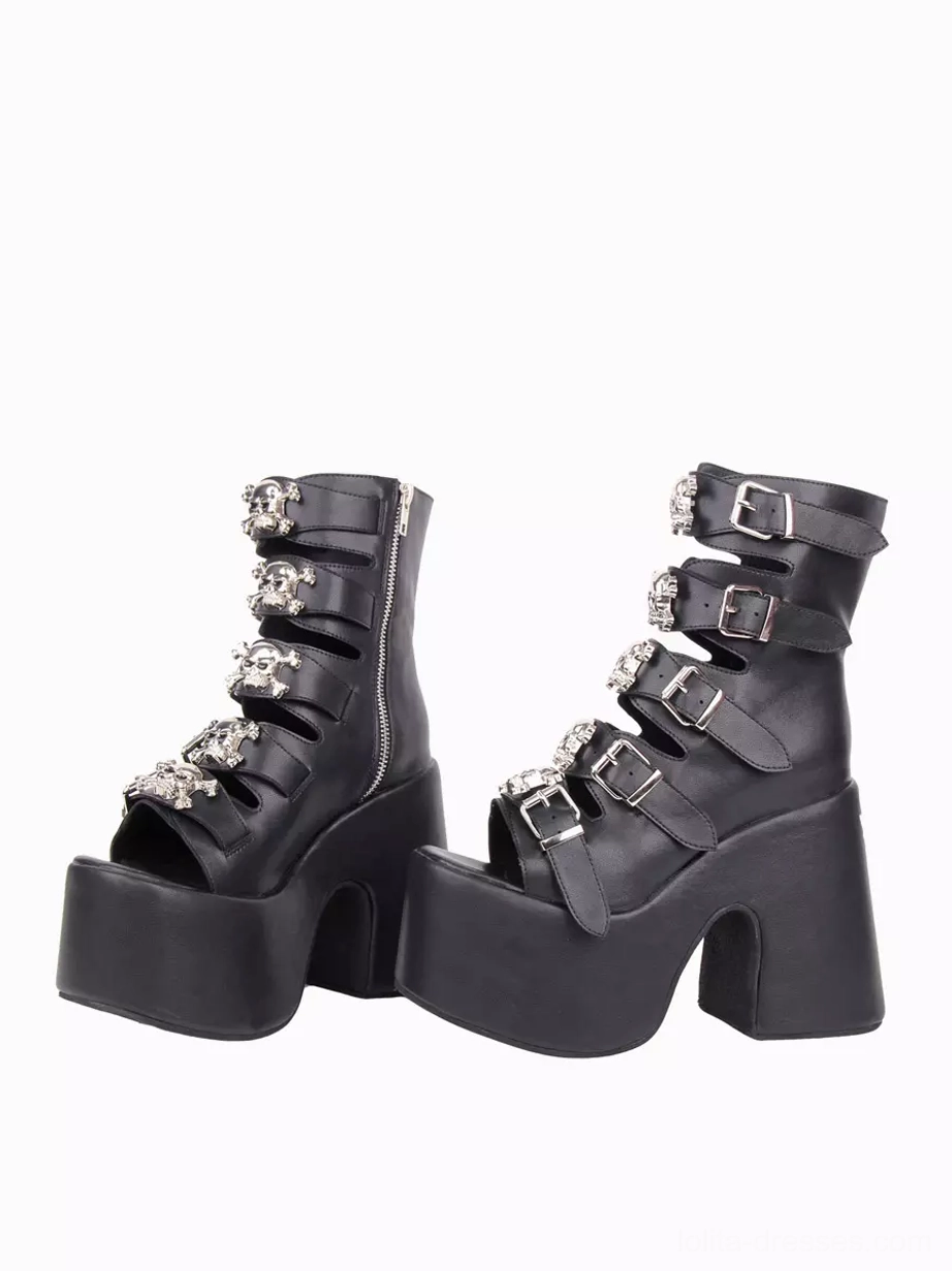 Black Gothic Lolita platform boots side paired view showing adjustable straps side zipper and thick platform heel design