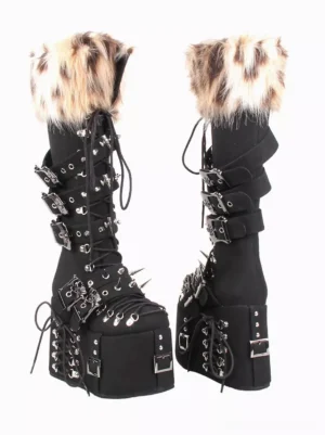 Side view of gothic lolita platform boots showing lace-up straps metal spike hardware and leopard fur trim details