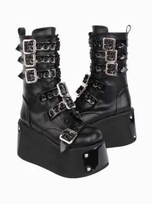 Gothic lolita mid-calf boots side three-quarter angle stacked silver buckles tall shaft design two-tone red accents