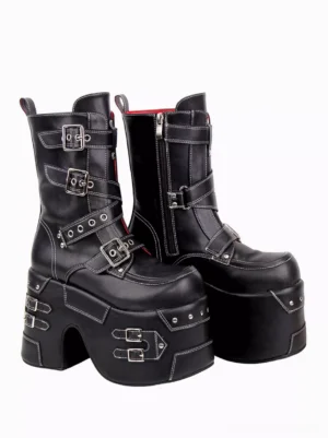 Gothic lolita platform boots side view double boot red inner lining side zipper silver hardware details mid-calf