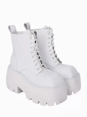 White Gothic Lolita platform boots inner side view displaying side zipper closure and heel pull tab reinforcement with thick platform sole