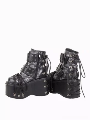 Gothic Lolita boots side profile showing side zipper lace-up heel details grommet straps and metallic skull print design on the upper