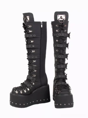 Gothic Lolita platform boots side single boot view showcasing side zipper hardware metal lace details and thick studded platform