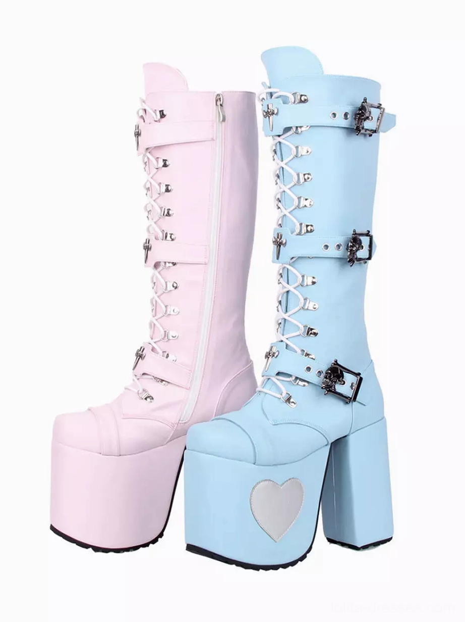 Side view of Gothic Lolita platform boots showcasing thick block wedge heel with heart-shaped platform decor and side zipper design on white background