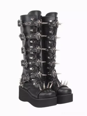 Gothic lolita platform boots pair side three-quarter view black leather silver spike decorations thick wedge heel lace-up side straps detail