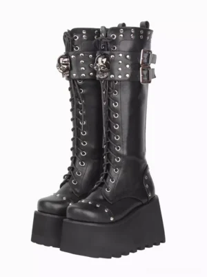 Black Gothic Lolita platform boots with skull buckle straps and silver rivets front view display