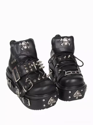 Gothic Lolita thick-soled lace-up platform boots side paired view studded hardware skull emblem details