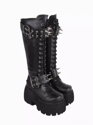 Gothic Lolita black platform boots front view double boot display with spike rivets metallic glitter embellishments lace-up closure round toe